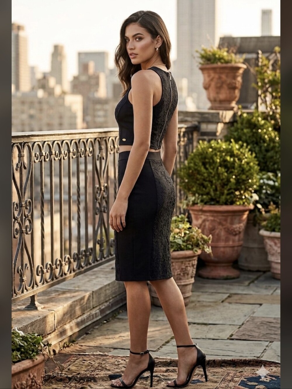 Guess Black Lace Panel Two-Piece Set(Read)